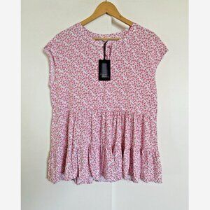 JANE & DELANCEY NWT M Anthropologie Red Pink Floral Babydoll Top Boho Tunic Twee